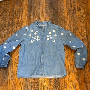 Sezane Button Down Shirt with Floral Embroidery